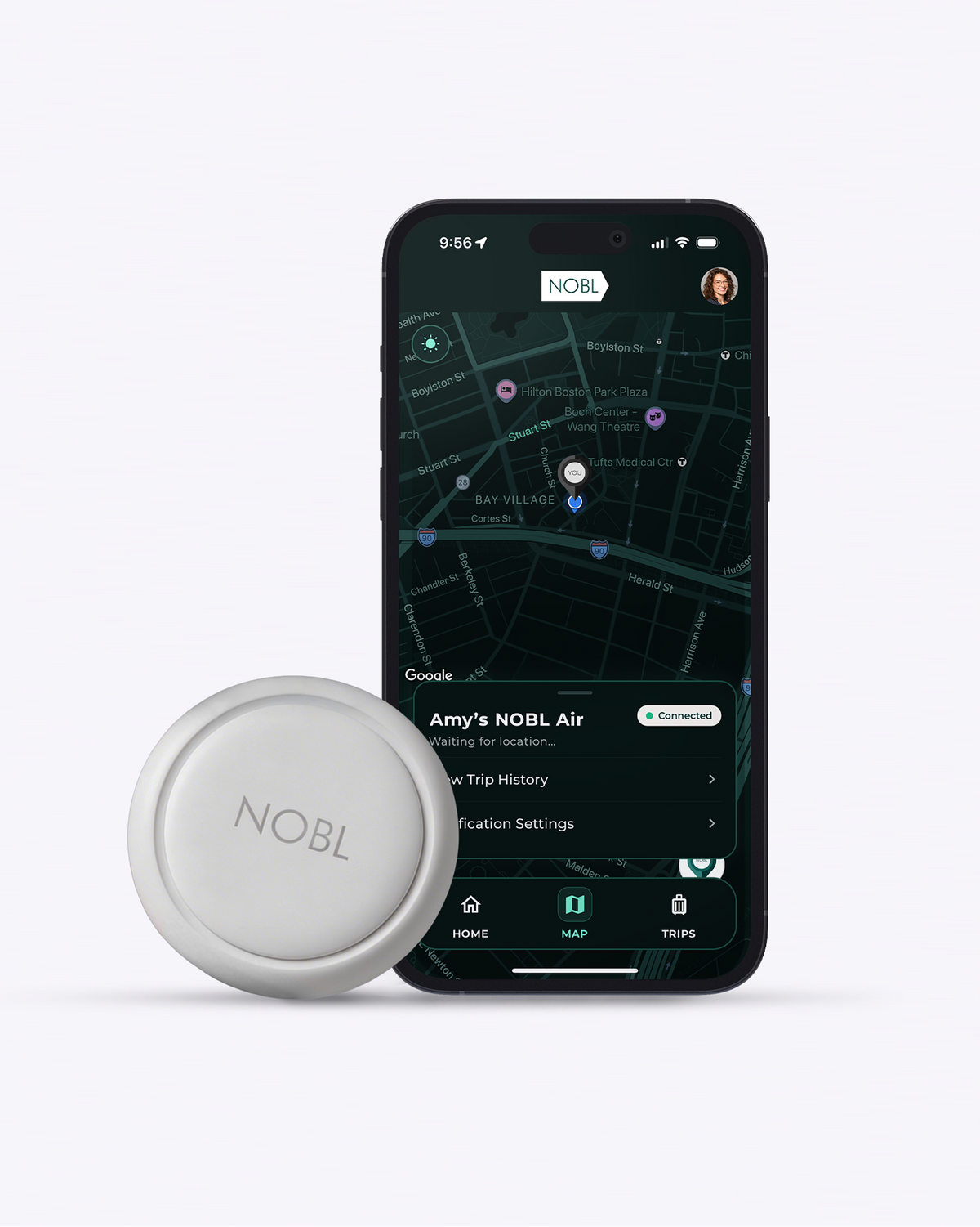 NOBL Air tracker beside the NOBL app map on a smartphone