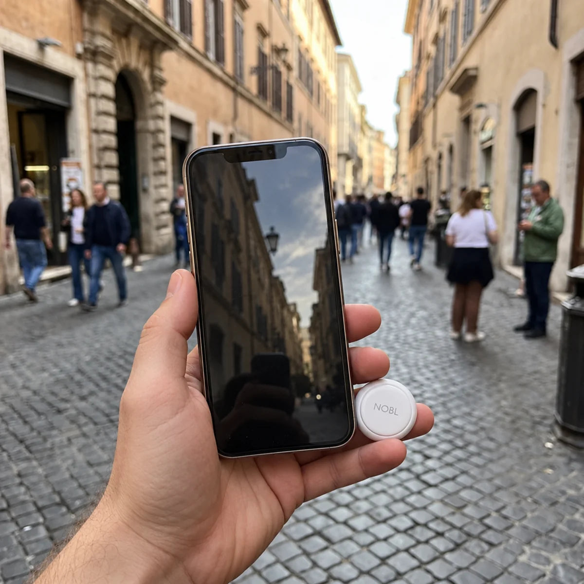 NOBL app open on a smartphone during a trip