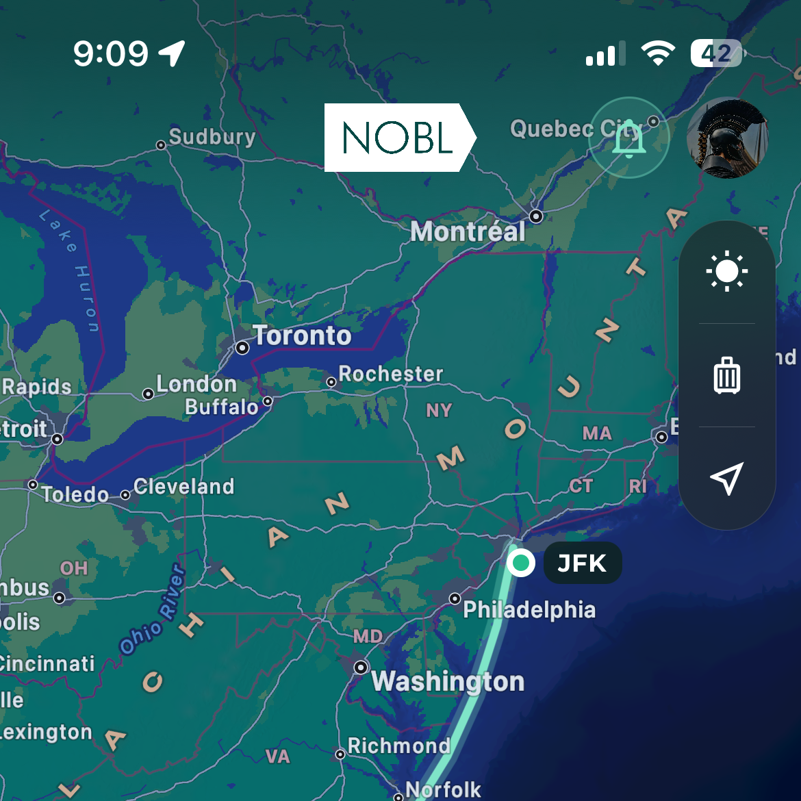 NOBL trip map showing a route from JFK to Florida