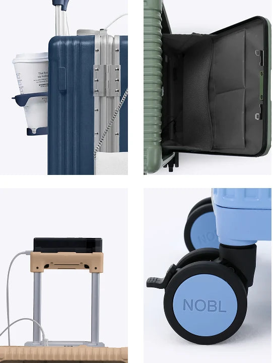 Cup holder, laptop compartment, phone mount and wheels of NOBL carry-on