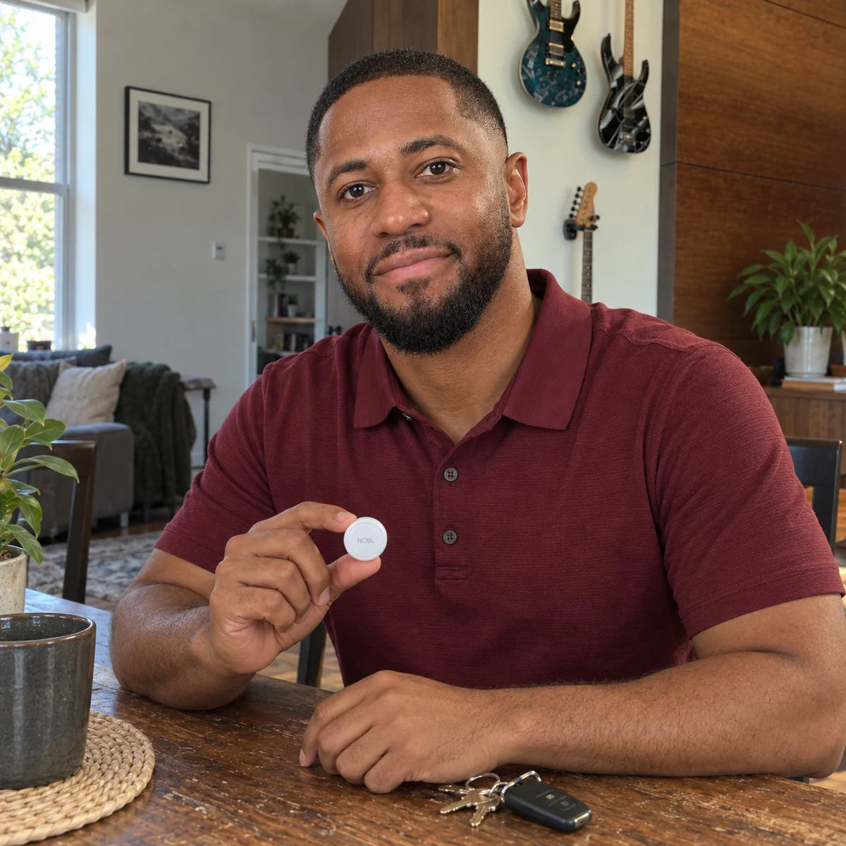 Man holding NOBL Air beside his phone and car keys