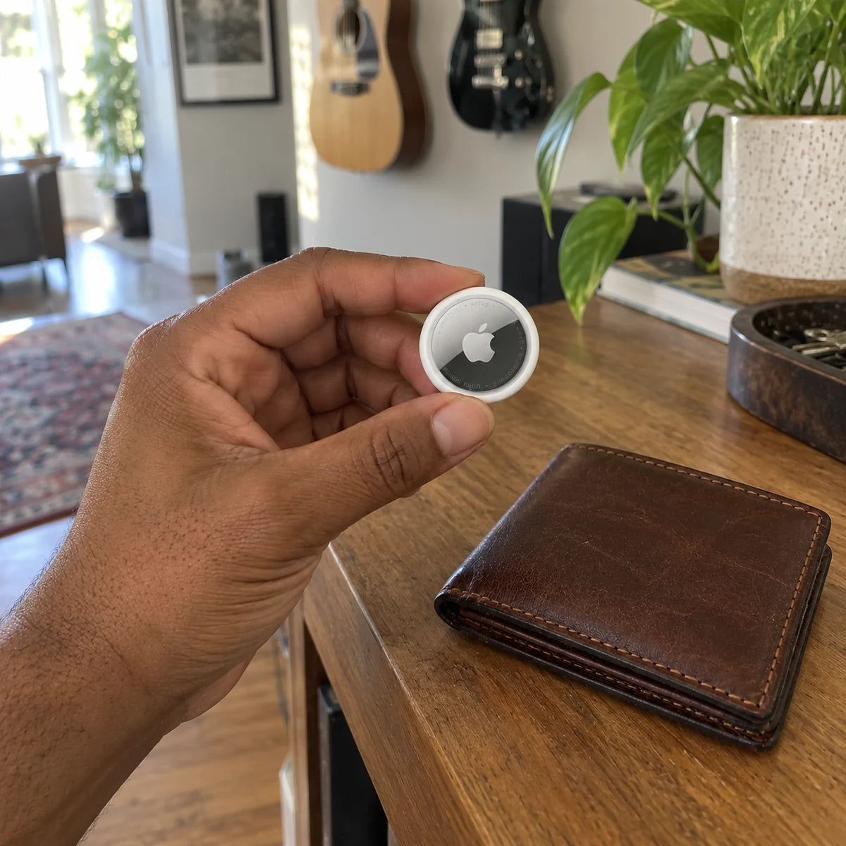 Man's hand holding an Apple AirTag beside a wallet
