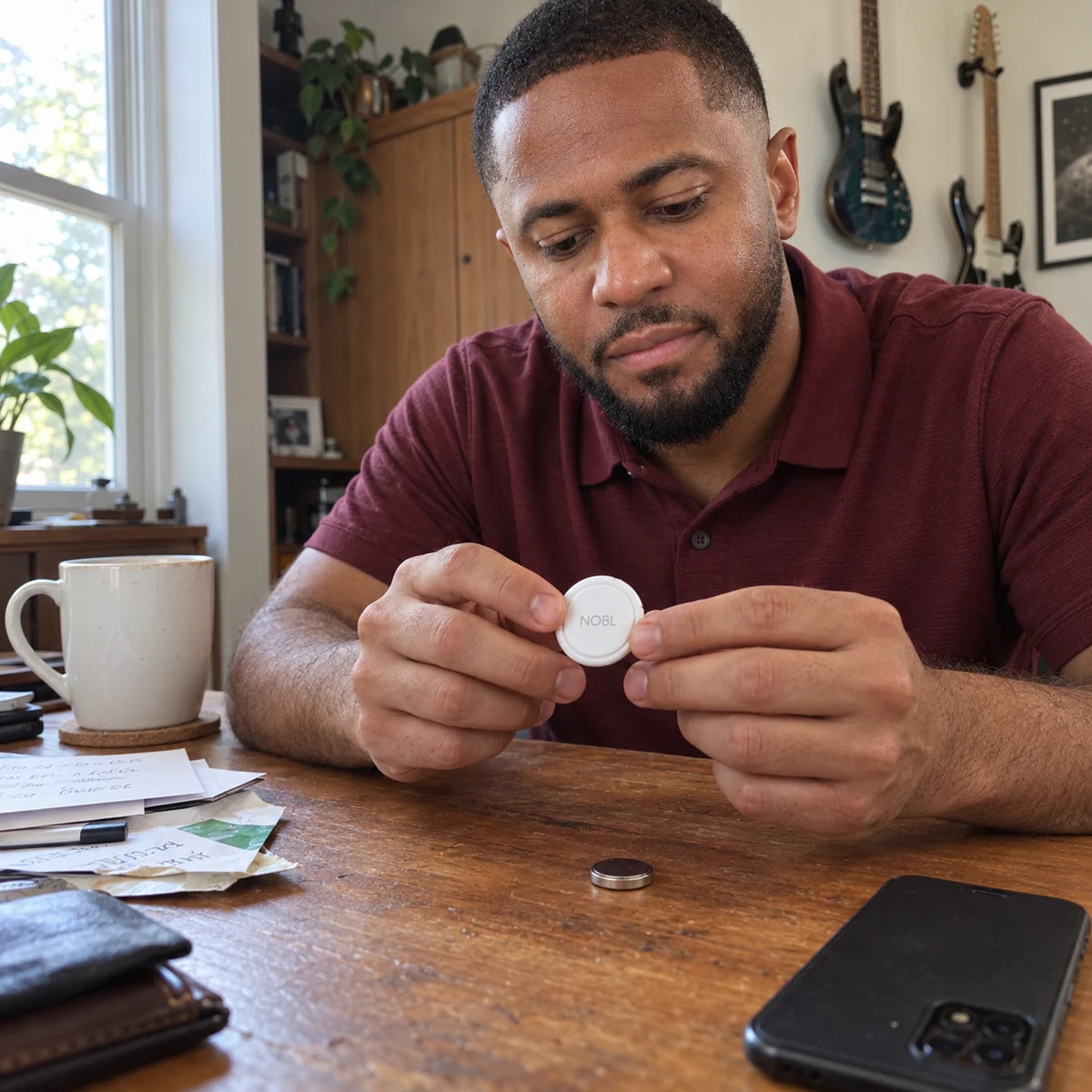 Man holding NOBL Air beside a replacement battery