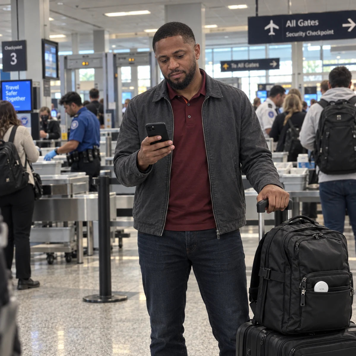 Traveler checking his phone beside his bags at the airport