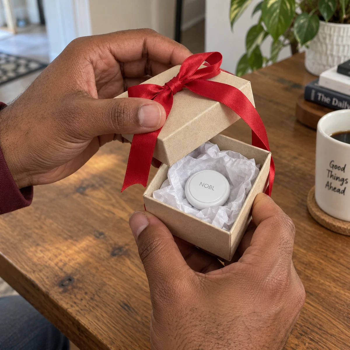 Hands opening a gift box containing NOBL Air
