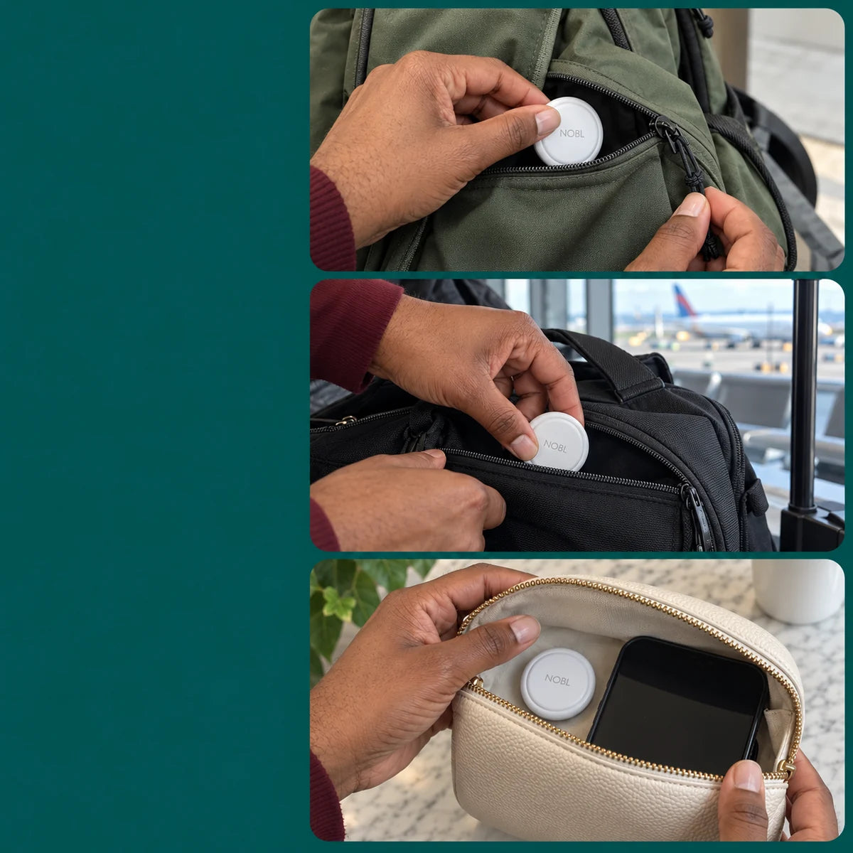 NOBL Air placed in a backpack, travel bag and pouch