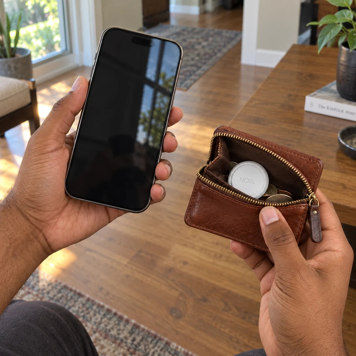 Phone beside NOBL Air in a roomy zip wallet