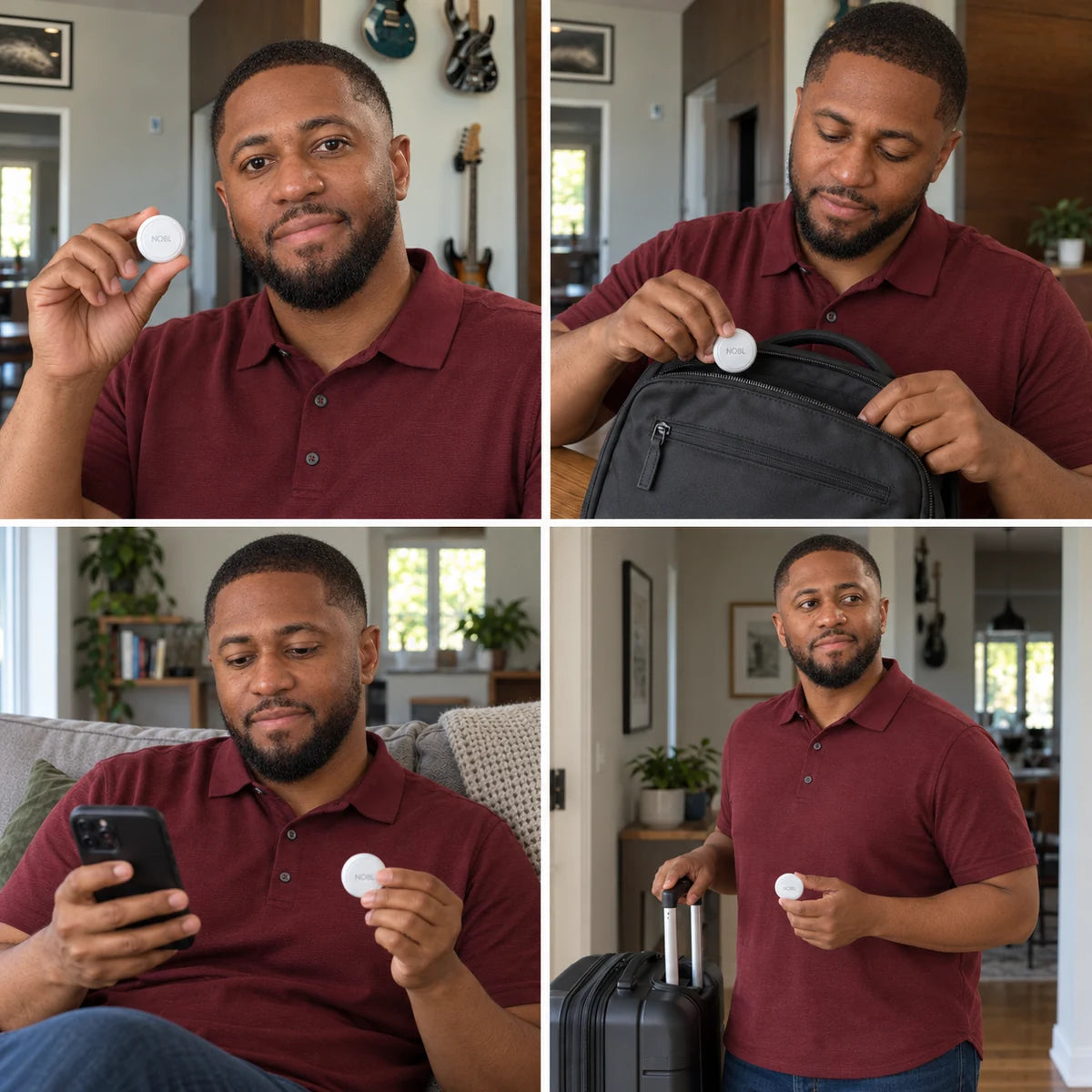 Four home snapshots of the same man using NOBL Air