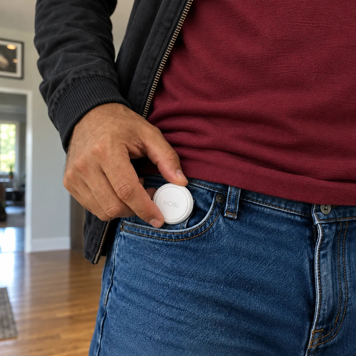 A traveller slipping a round NOBL Air into a jeans pocket